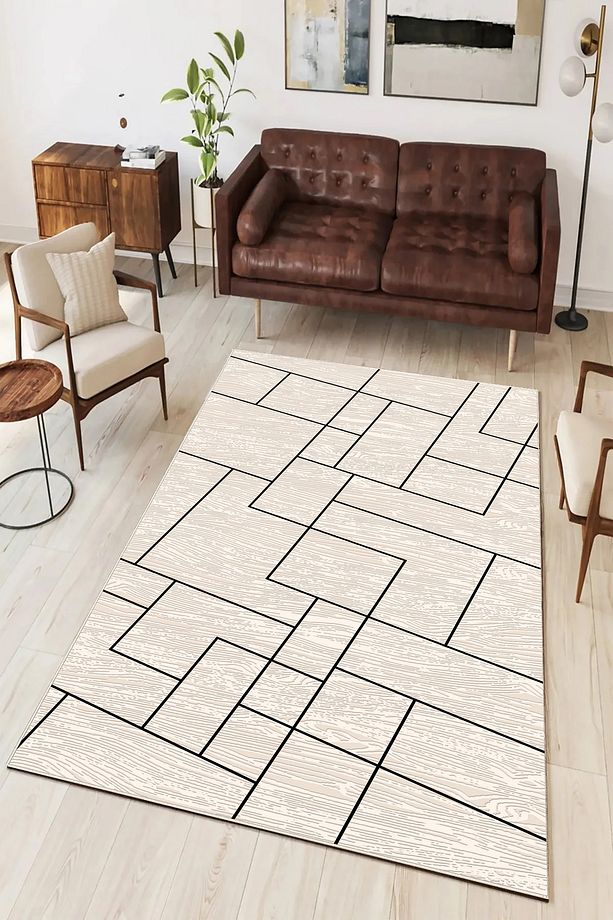 Salon Halısı Geometrik İskandinav Eskitmeli Dijital Baskı Yıkanabilir Kaymaz Taban 9027SALONHULYA - 1