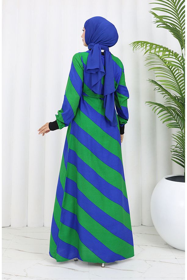 Geometrik Desenli Kuşaklı Viskon Elbise 0460-02 Saks Yeşil - 5
