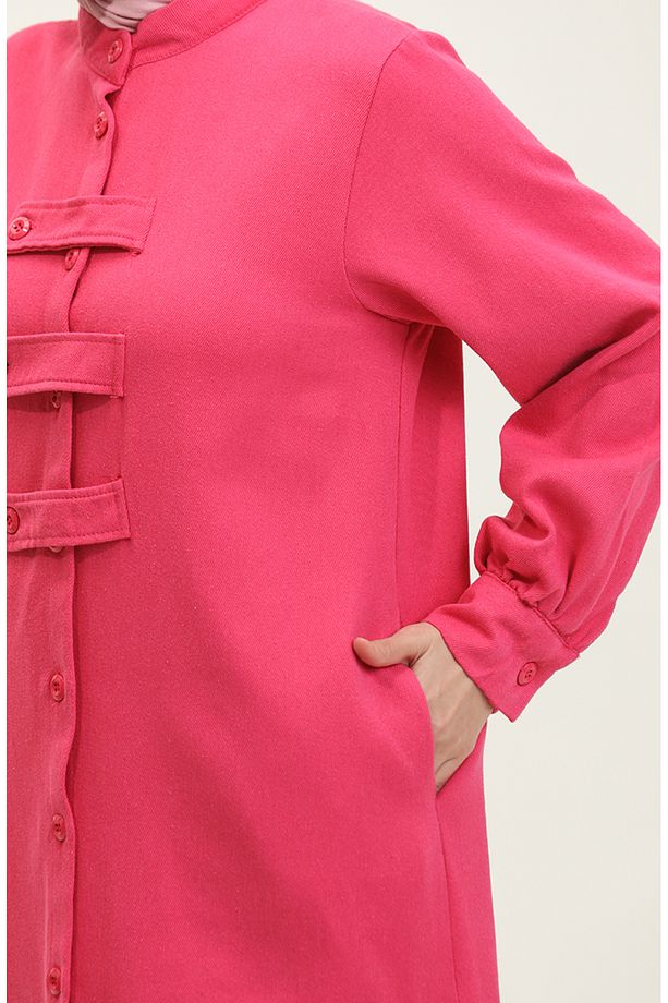 Gabardin Kumaş Düğmeli Kap 24K2023-06 Fuşya - 5