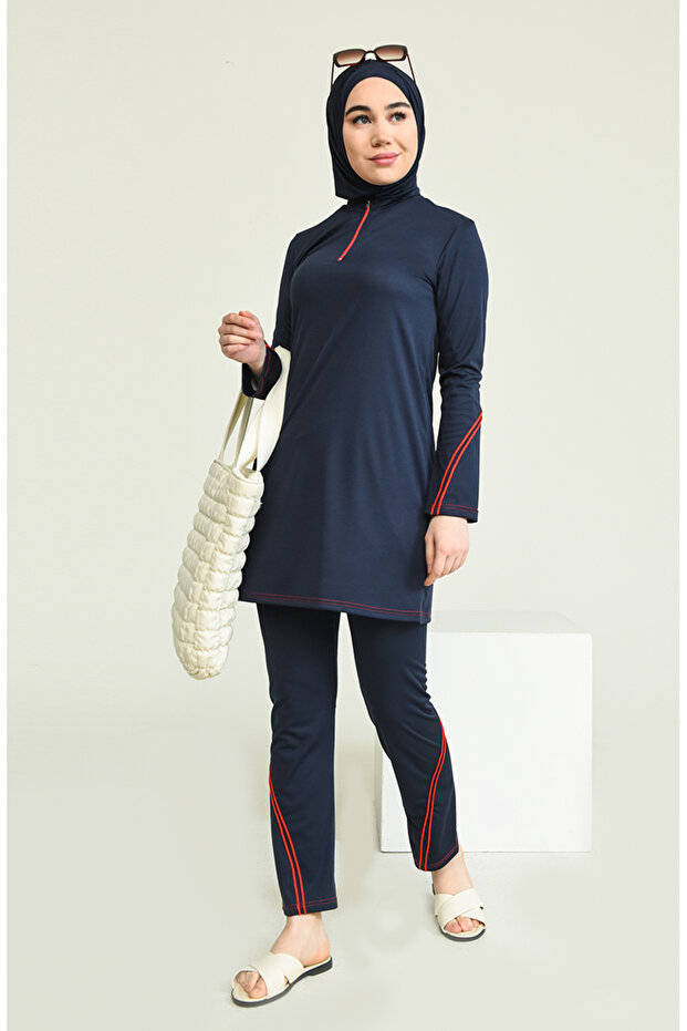 Modern Athletic Zippered Hijab Swimsuit with Side Stripes 2212-01 Navy Blue