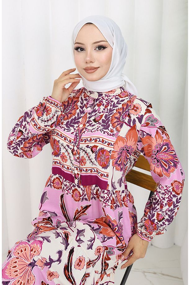 Alaçatı Desenli Viskon Elbise 0334-02 Bej Gül Kurusu - 4