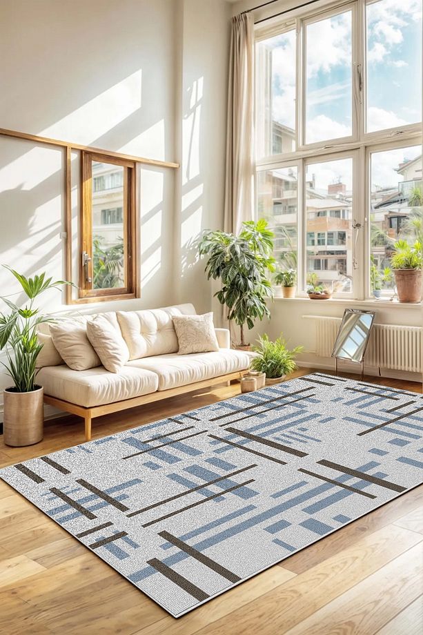 Salon Halısı Geometrik İskandinav Eskitmeli Dijital Baskı Yıkanabilir Kaymaz Taban 9015SALONHULYA - 1