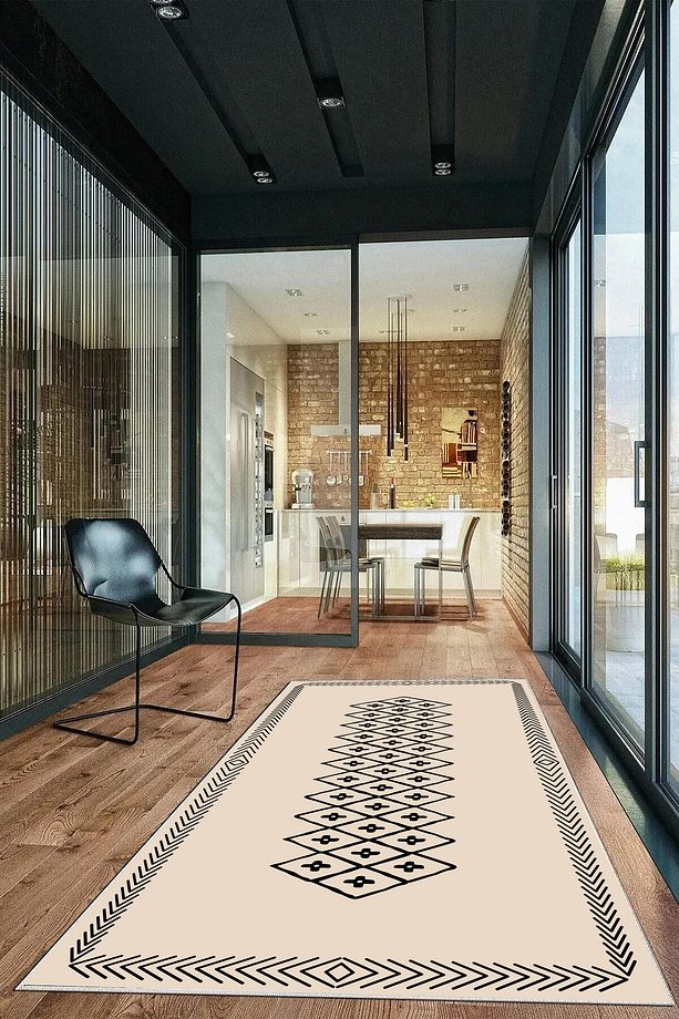 Salon Halısı Geometrik İskandinav Eskitmeli Dijital Baskı Yıkanabilir Kaymaz Taban 8177SALONHULYA - 3