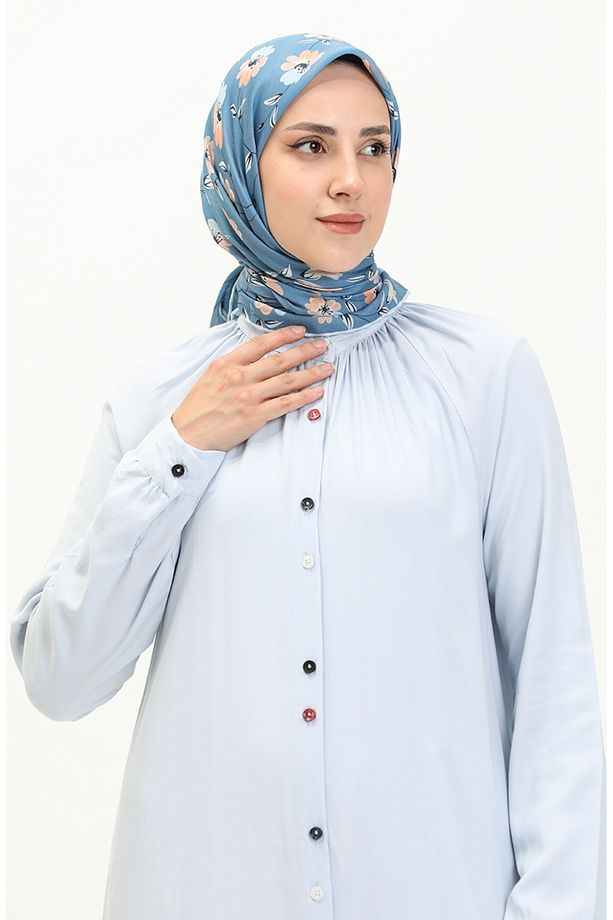 Çift Düğmeli Viskon Elbise 5110-02 Mavi - 3