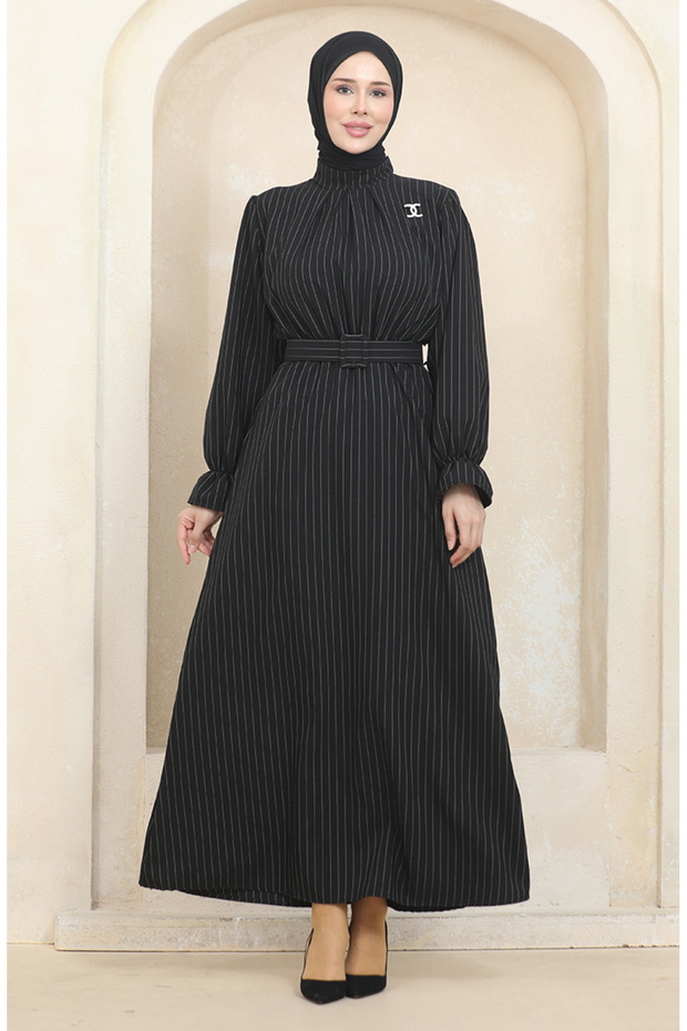 Black Striped Belted Dress - 0434-02