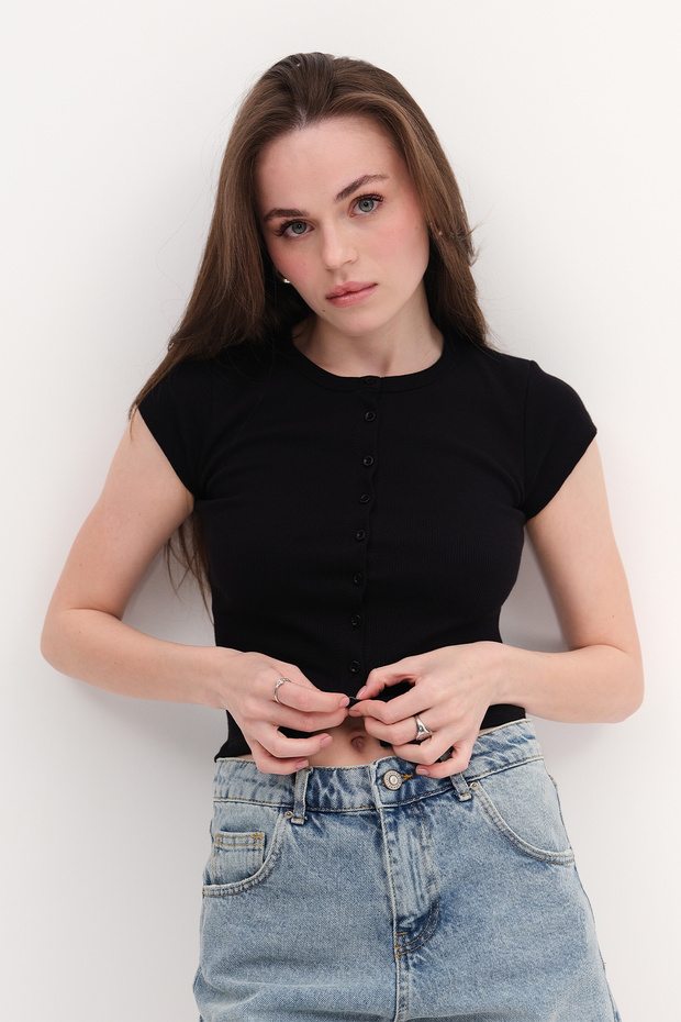 Düğmeli Basic T-shirt P0377 - 1