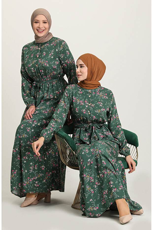 Floral Patterned Viscose Dress 5068-02 Green