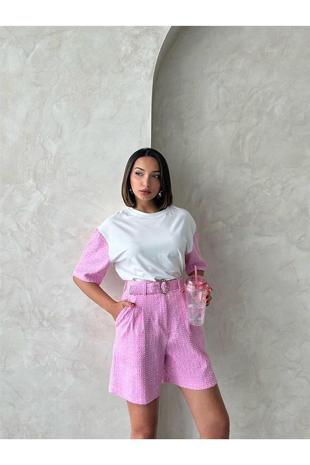 Kemerli Taş İşlemeli Şort Pembe - 1