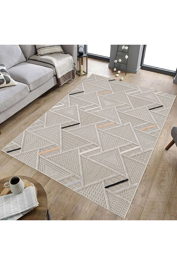 Salon Halısı Geometrik İskandinav Eskitmeli Dijital Baskı Yıkanabilir Kaymaz Taban 8149SALONHULYA - 3