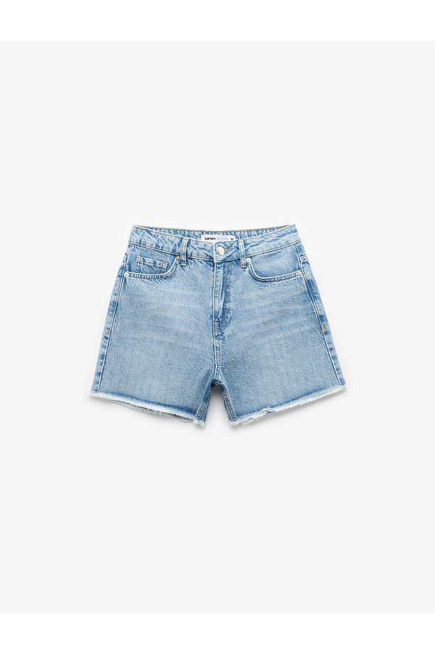 Taş Detaylı Yüksek Bel Saçaklı Paça Pamuklu Mini Denim Şort - 4