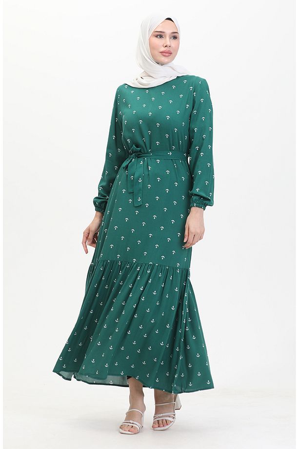 Çapa Desen Kuşaklı Elbise 0461-04 Zümrüt Yeşili - 1