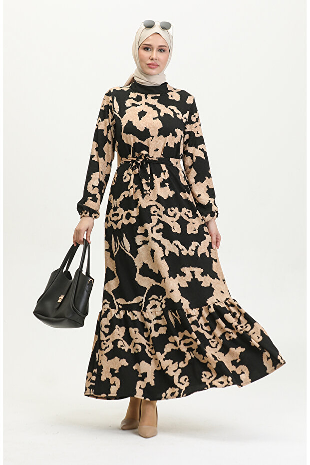 Mixed pattern belted dress 0388-05 black mink