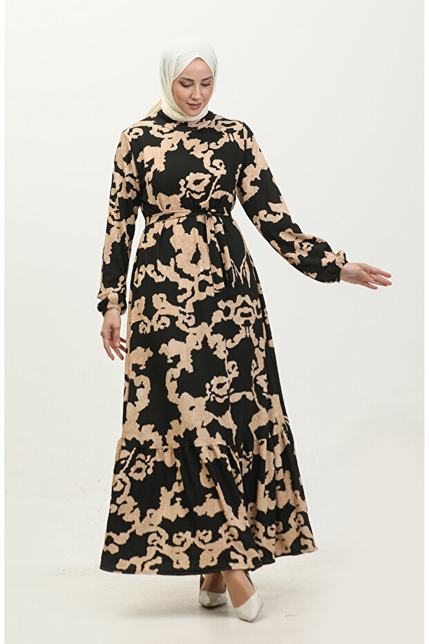 Black Beige Yezra Patterned Belted Dress - 0345-05