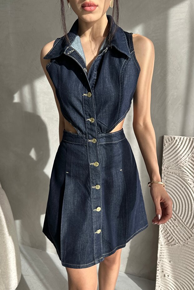 Women's Sleeveless Polo Neck Buttoned Low-Cut Short Denim Dress Navy Blue