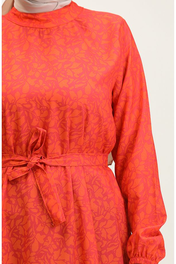 Adile Çiçek Desenli Krep Elbise 0347-06 Mercan - 4