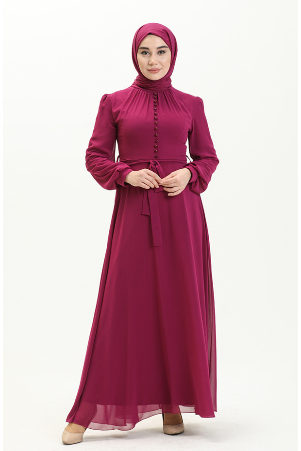 Chiffon Evening Dress with Button Detail 5695-13 Purple