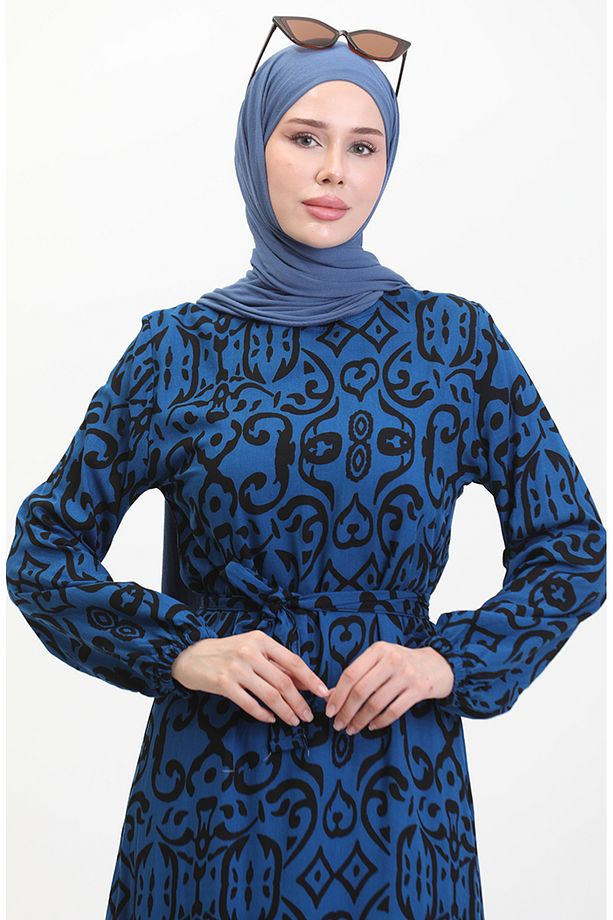 Desenli Kuşaklı Viskon Elbise 0469-07 Saks - 3