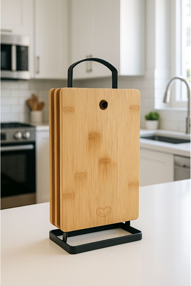 4-Piece Countertop Bamboo Cutting Board with Metal Stand Chopping Board Cutting Board Presentation Board