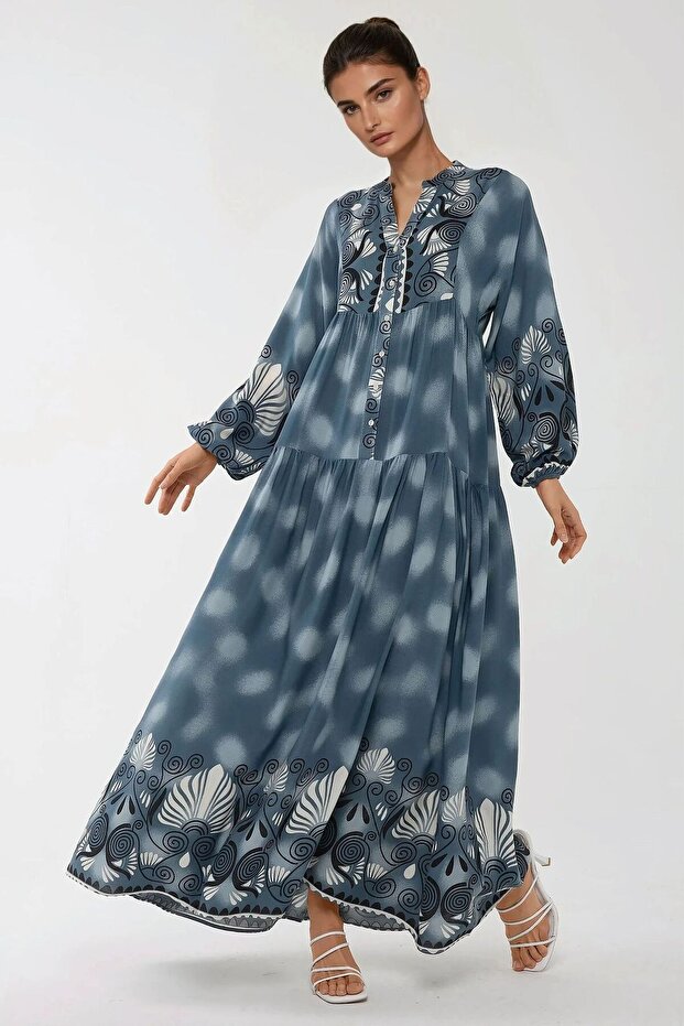 Baskılı Uzun Kol Viskon Maxi Elbise - 7