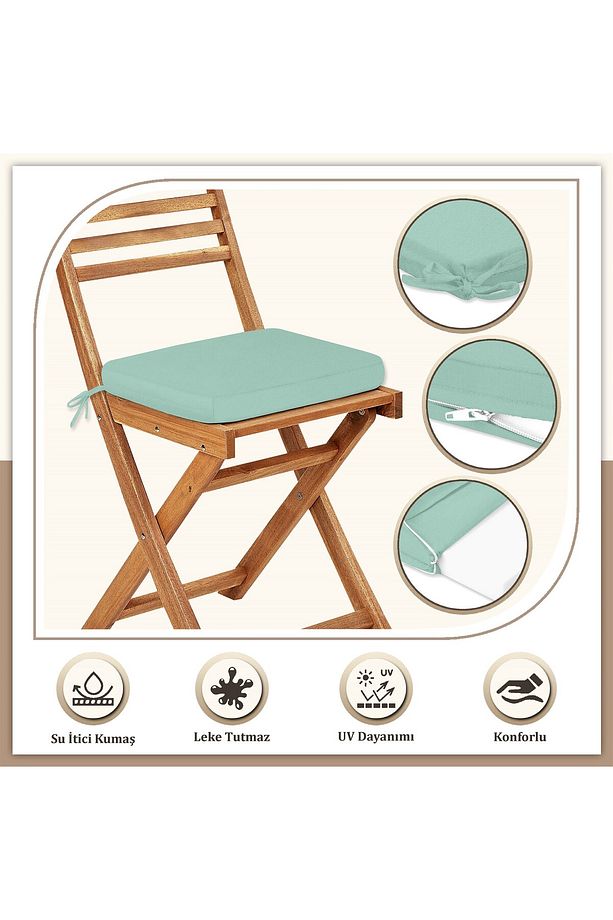 Canvas Tekli Mint Sıvı Geçirmez Leke Tutmaz Fermuarlı Bağcıklı Sandalye Minderi 40 x 40 cm - 2