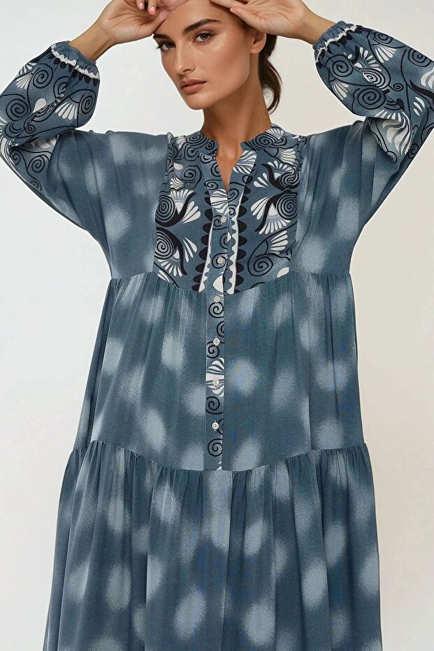 Baskılı Uzun Kol Viskon Maxi Elbise - 6