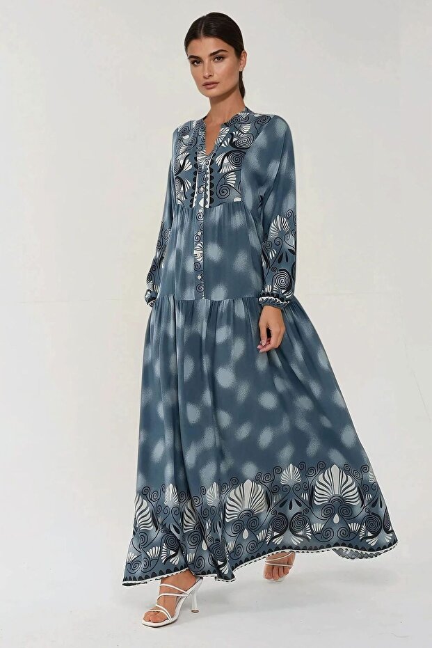 Baskılı Uzun Kol Viskon Maxi Elbise - 1