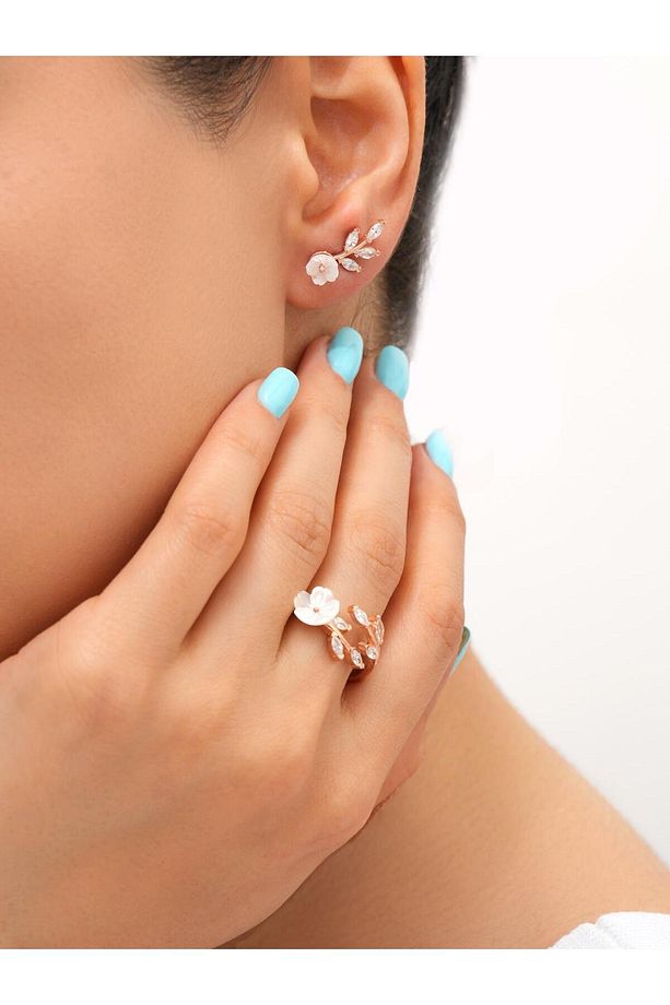 925 Ayar Rose Kaplama Manolya Çiçekli Yaprak Model Gümüş Set - 3