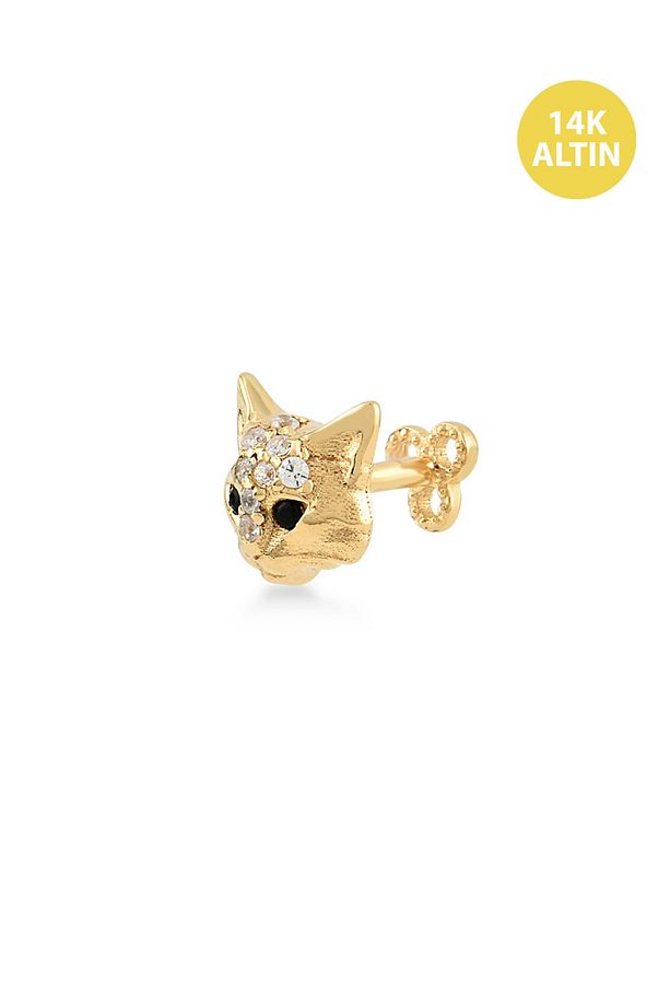 Taşlı Kedi, 14KAltın Kıkırdak Küpe/Piercing (TEK Satılır) Bar Uzunluğu:6,5 mm - 1