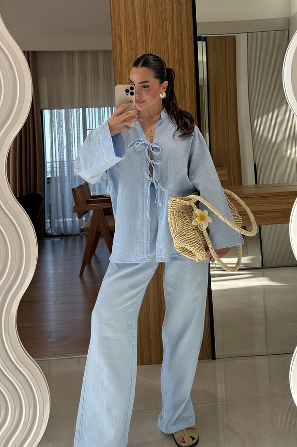 Pixre Bebe Mavi Müslin Bağlamalı Takım - 1