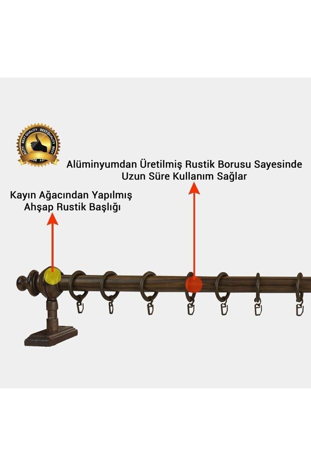 Ceviz Raysız Ahşap Rustik Perde Askısı - Rustik Borusu 100 Cm - 3