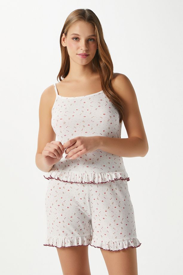 Kadın Paula Pudra Minik Çiçekli Fırfır Şortlu Pijama Takımı - 3