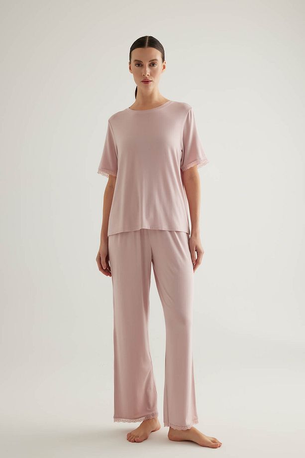 Kadın Plus Size Viscose Kısa Kollu Uzun Pijama Takımı - 1