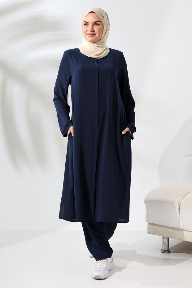 Women's Medina Silk Hajj Umrah Clothing Hijab Two-Piece Set - Navy Blue