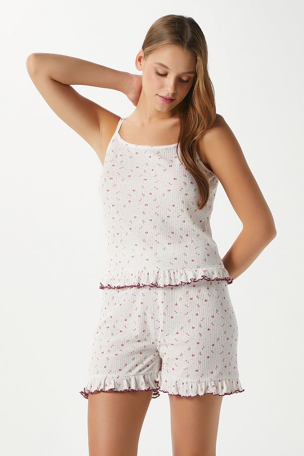 Kadın Paula Pudra Minik Çiçekli Fırfır Şortlu Pijama Takımı - 5