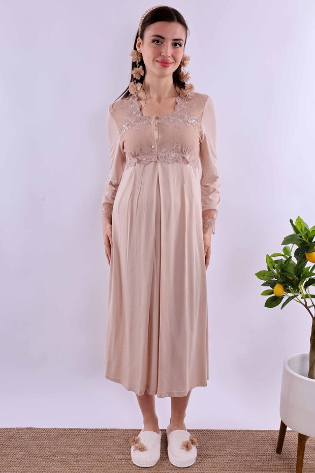 Cotton Maternity Nightgown with Breastfeeding Feature Effortt - Brown