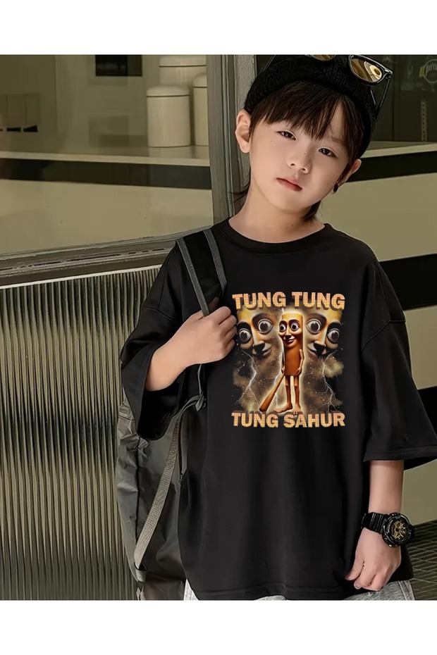 Tung Tung Tung Sahur Printed Kids Black Unisex T-Shirt