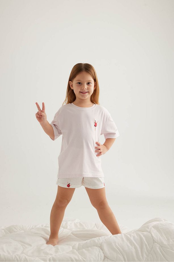Kız Çocuk Pamuklu Kısa Kollu Şort Pijama Takımı - 4
