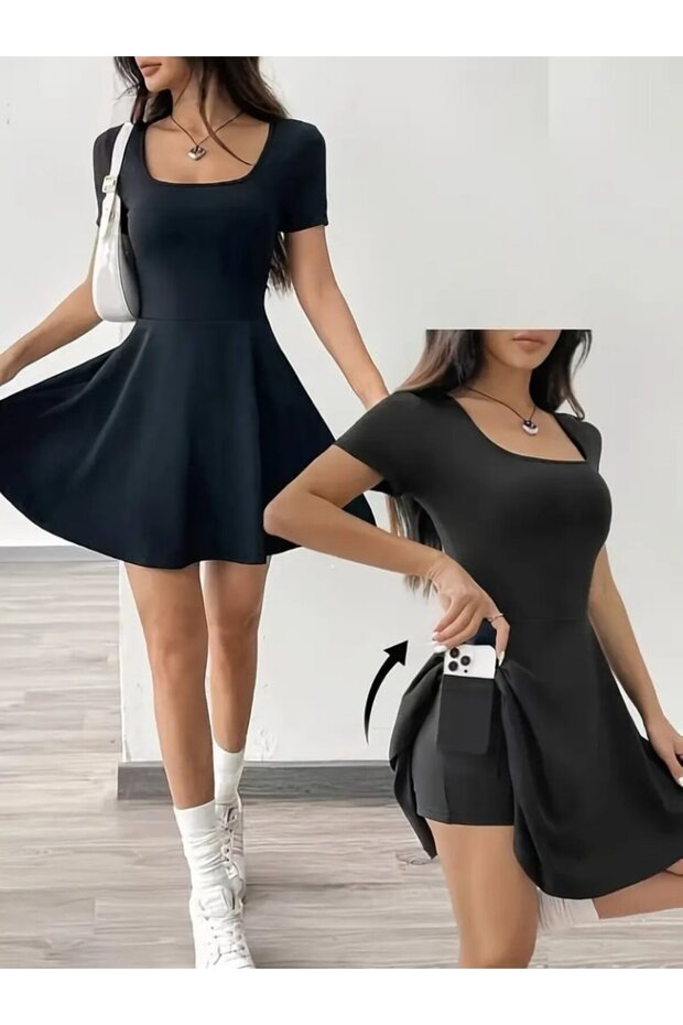 Women's Short Sleeve Square Neck Short Detailed Pocket Diving Dress