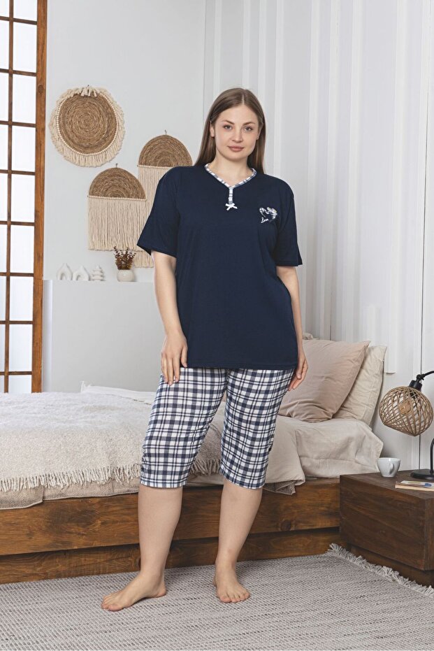 طقم بيجامة كابري من القطن الممشط من الليكرا مقاس كبير - 2