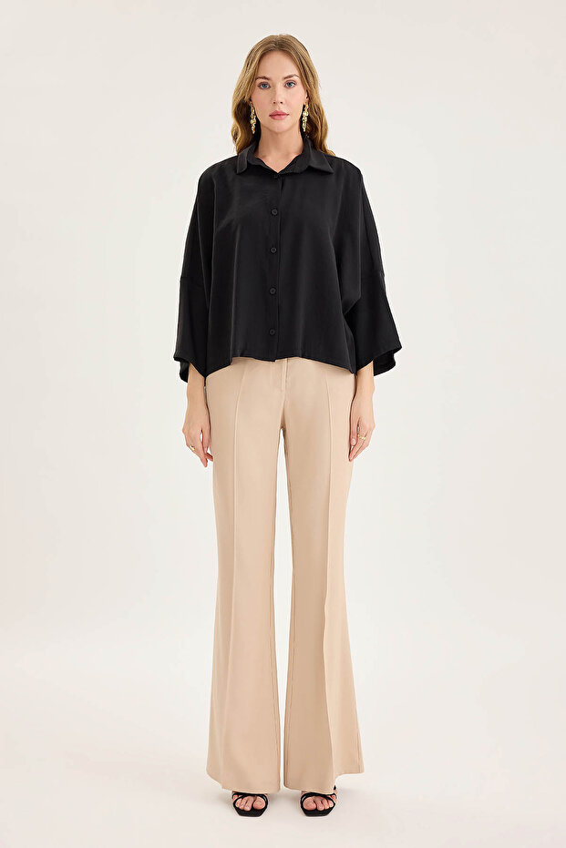 Düşük Omuz Oversize Crop Gömlek - 2