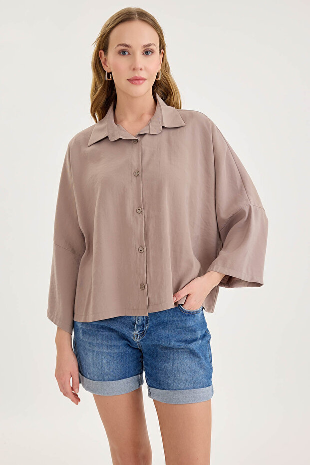 Düşük Omuz Oversize Crop Gömlek - 1