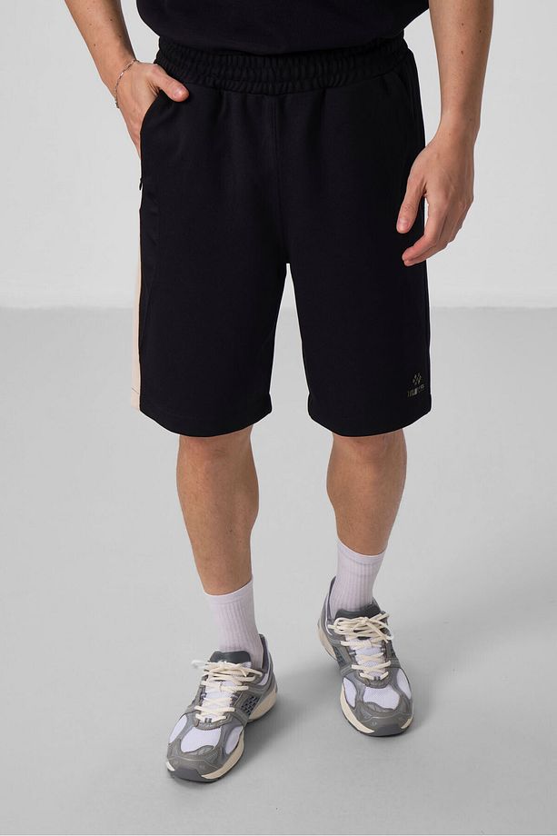 Siyah-Bej Yüzeyi Dokulu Oversize Erkek Şort - 81288 - 4