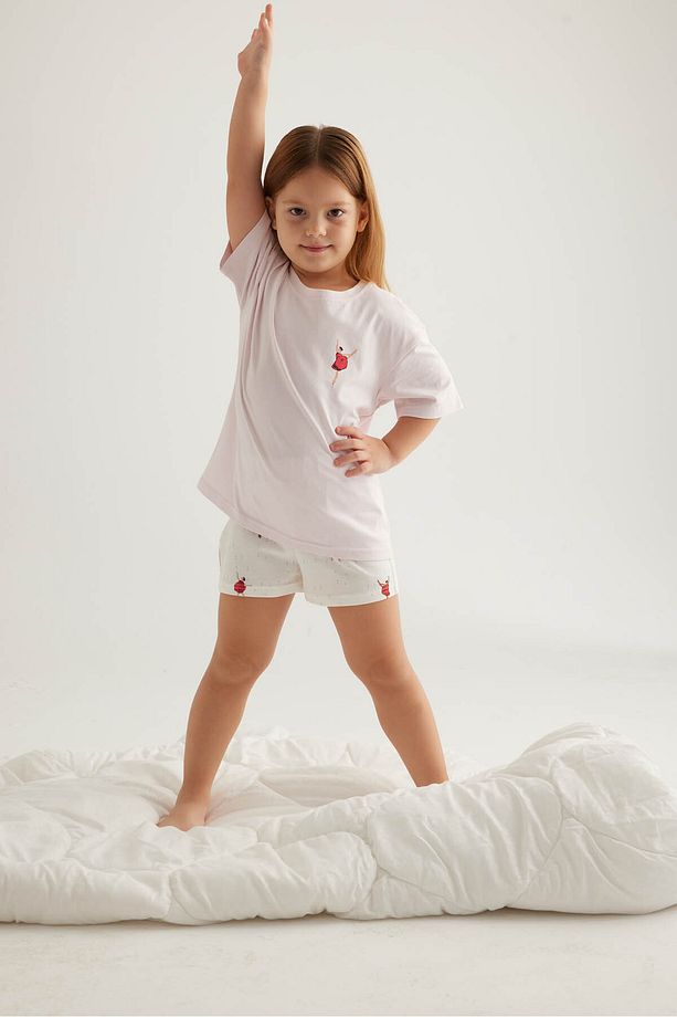 Kız Çocuk Pamuklu Kısa Kollu Şort Pijama Takımı - 1