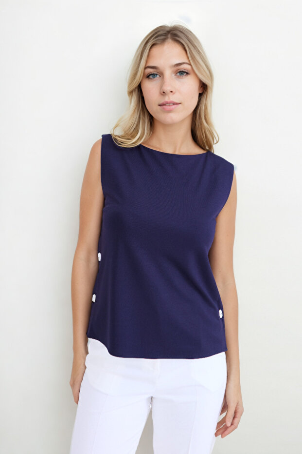 Buttoned Side Zero Sleeve Modal Blouse - 6