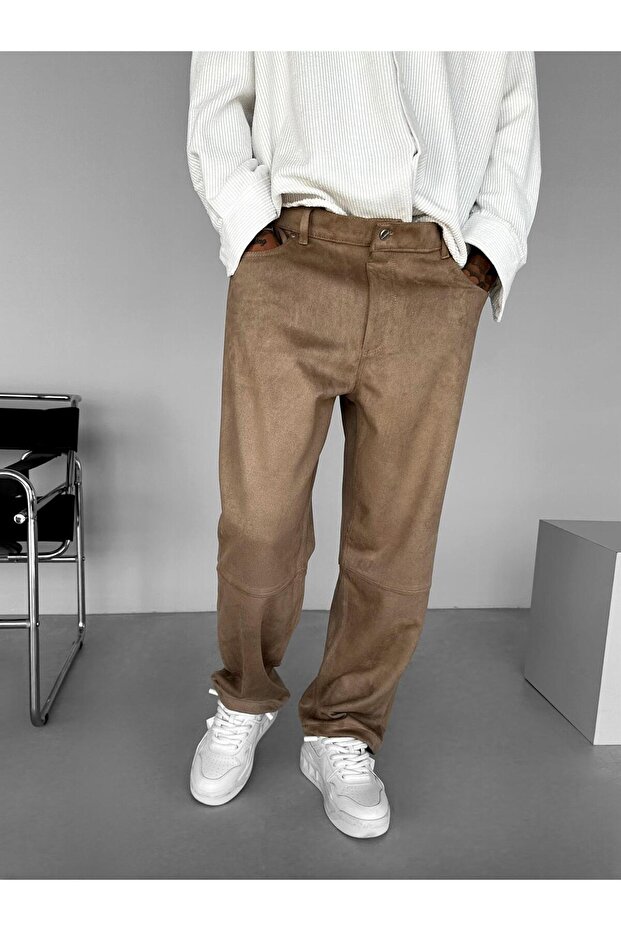 Men's Baggy Wide Fit Wide Leg Suede Basic Trousers Beige