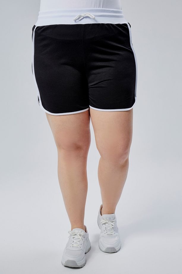 Curve Büyük Beden Kadın Biye Detaylı Örme %100 Pamuk Yüksek Bel Siyah Şort& Bermuda - 7