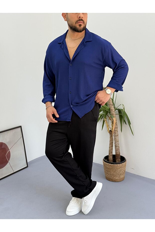 Navy Blue Black Men's Summer Crinkle Lycra Fabric Long Sleeve Shirt Tracksuit 2 Piece Wrap Suit