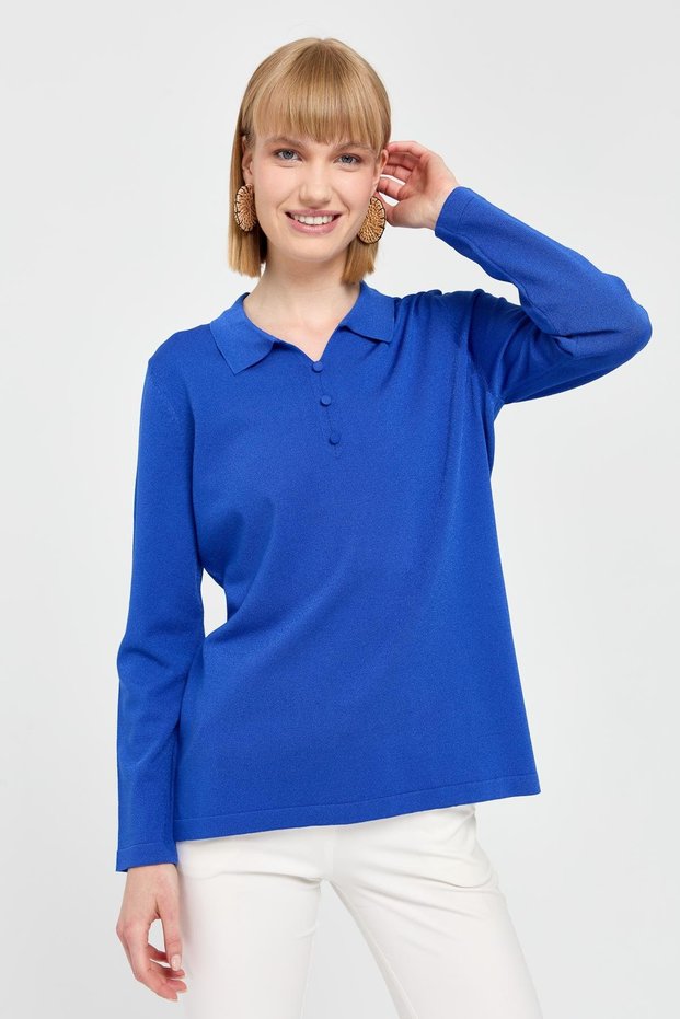 Women's Polo Neck Slim Knitwear Blouse Cobalt blue