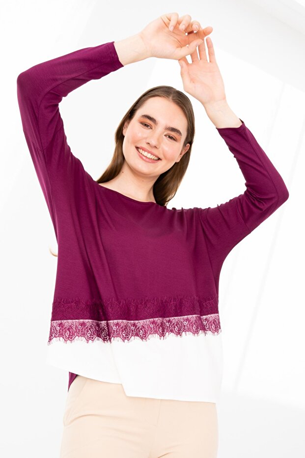 Women's Crew Neck Long Sleeve Skirt Lace Piece Combed Cotton Tunic Plum