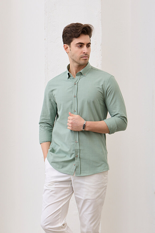 Sarte - Men's Khaki Slim Fit Narrow-Cut Buttoned Collar Linen-Look 100% Cotton Slub Shirt